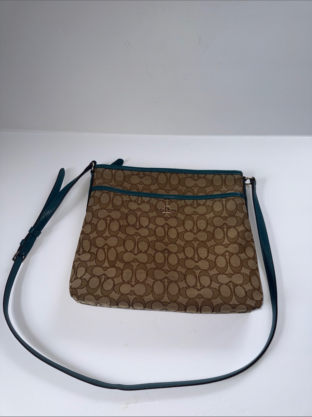 Coach Brown Signature Crossbody with Teal Trim